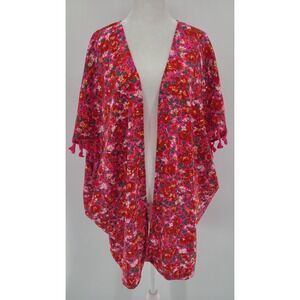Jodifl Womens Boho Floral Kimono Cardigan Small Pink Tassel Open Front Layering